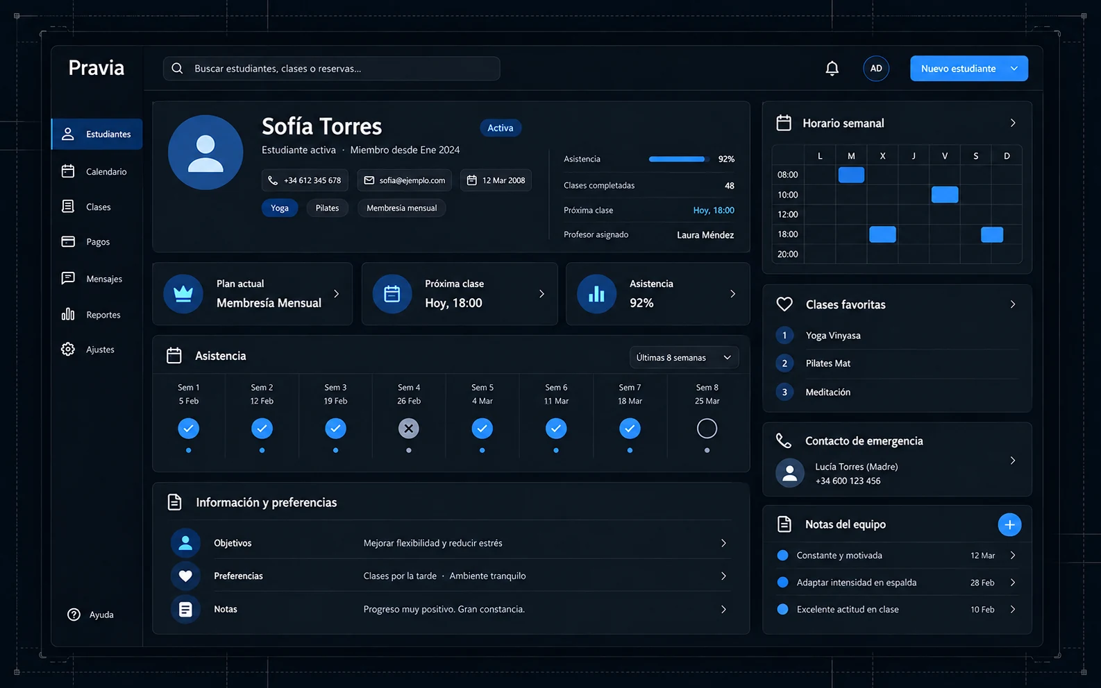 Perfil operativo del cliente Perfil con asistencia, compras, membresías y notas internas del equipo