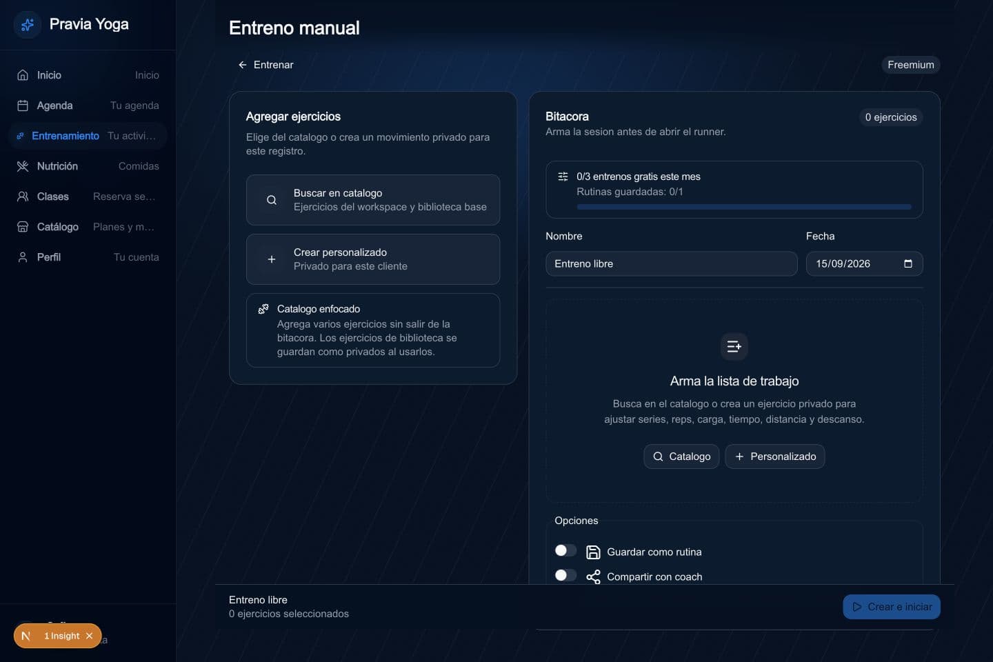 Prepara un entrenamiento manual